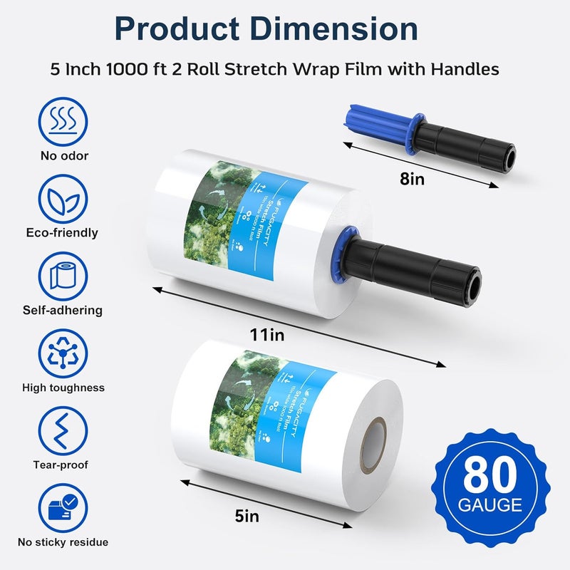 FugaCity Stretch Wrap Film-5 in 1000 FT 80 Gauge Shrink Wrap for Furniture Wrapping Shipping, Moving Supplies Clear Plastic Wrap, Heavy Duty Industrial Strength,650% Stretch(6 Roll with Handles) - Image 2